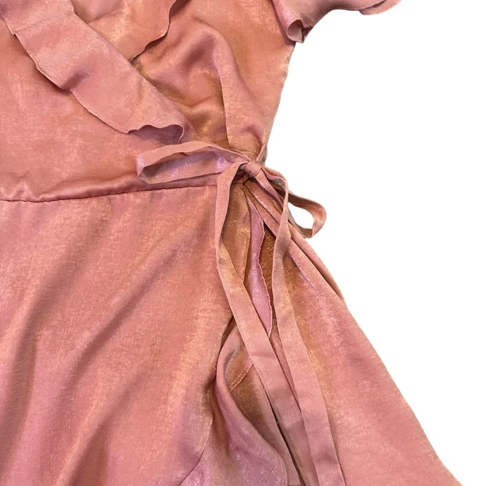 Show Me Your Mumu Satin Mini Wrap Dress Ruffle Short Sleeve Size Small Women's - Picture 4 of 12